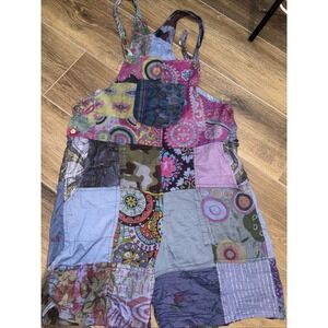 Jaxli Womens Vtg Overalls Shortalls Y2K Patchwork M Baggy Hippie Festival Artsy